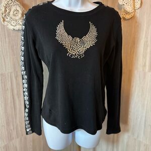 Bikers Design Elegant Black Long Sleeve Top with Silver Eagle Design